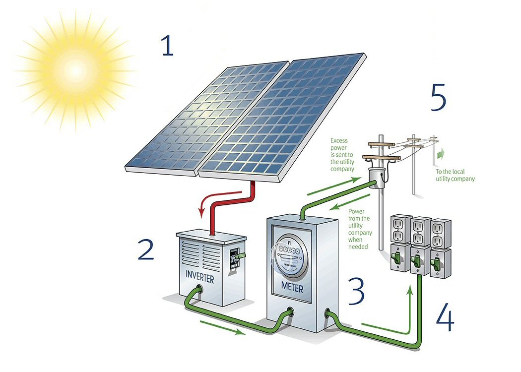 Какое преобразование осуществляется в солнечных батареях спутников. Принцип действия солнечной батареи схема. Фотоэлектрический преобразователь солнечных батарей. Мощность солнечной панели гелиоколлектора. Солнечная электростанция принцип работы схема.